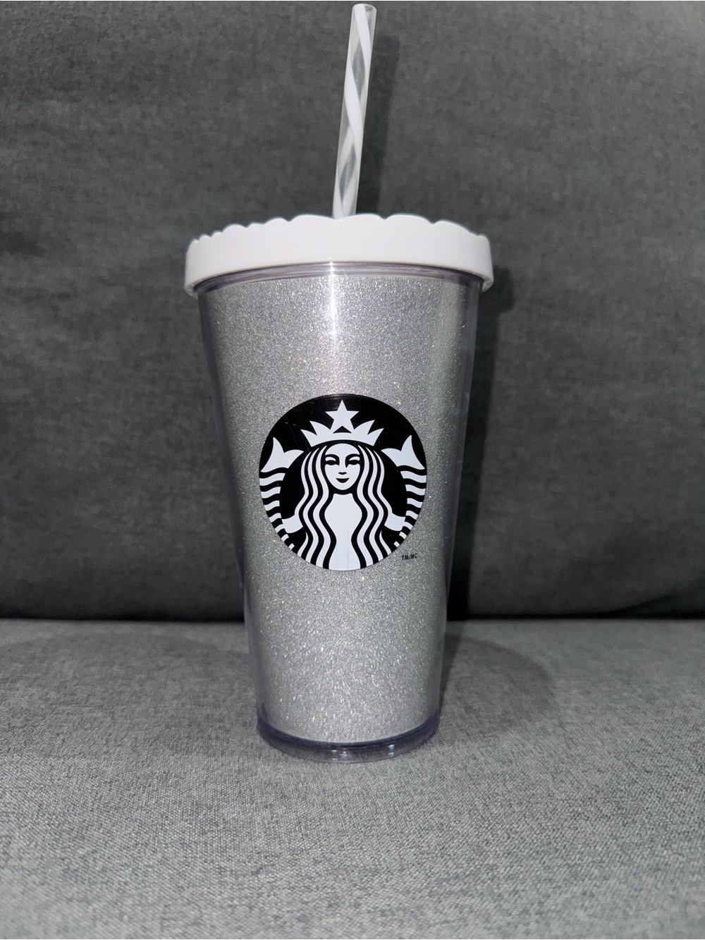Starbucks 2016 Silver Glitter Cold Cup with White Lid and Striped Straw 16oz